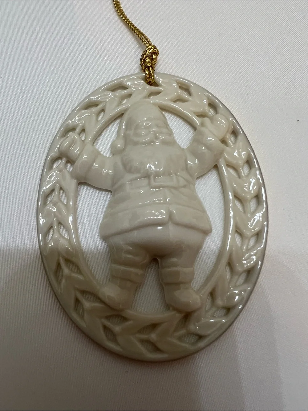 Lenox 1986 Yueltide White Ceramic Santa Hanging Ornament with Gold Cord